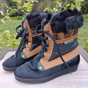 Italy Leather Ski Boots Goat Fur Vintage Garden Sport 80s Mukluk Wedge Boots